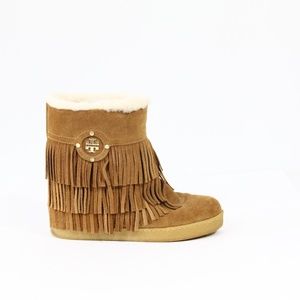 Tory Burch Boots Women Collins Moccasin Bootie sz 6 Shearling lined Fringe